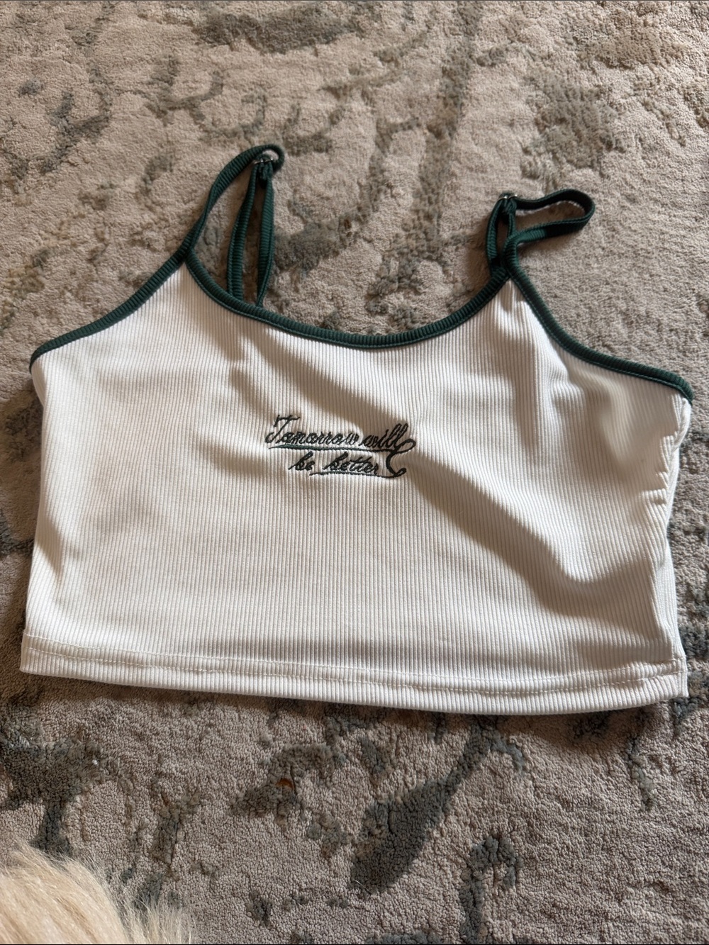 SHEIN White Ribbed Cropped Tank with Dark Green Trim